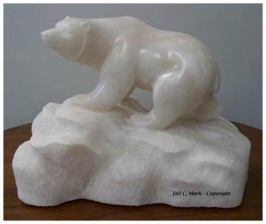 White Alabaster Polar Bear by Master Soapstone Carver, Del C. Mark